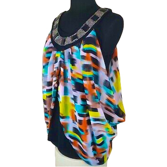 New Directions📌petite size small colorful sleeveless top beadwork around collar - Picture 2 of 12